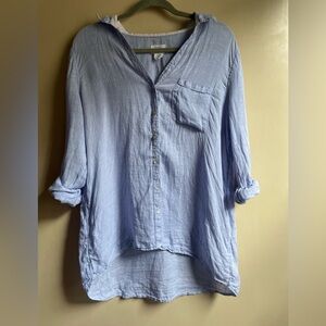 Sigrid Olsen 100% linen button down blouse size M blue coastal